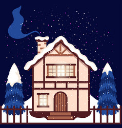 Cozy House With Trees And Snow In The Night