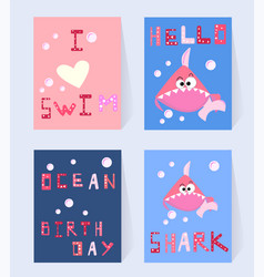 Set Pink Shark Card For Birthday Girl Cartoon