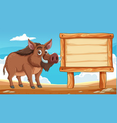 Cartoon Boar Next To A Blank Wooden Sign