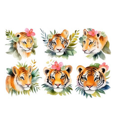 Watercolor Set Of Wild Cats Lion