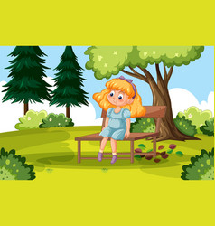 Cartoon Girl Sitting On Bench Under Tree In Park