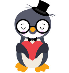 Cute Penguin With Black Hat Holding A Red Heart