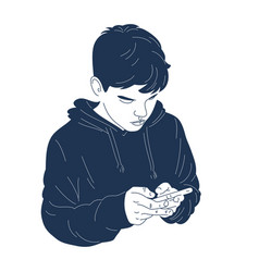 Young Teenager Boy Uses His Phone Isolated