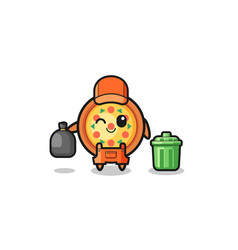 Mascot Of Cute Pizza As Garbage Collector