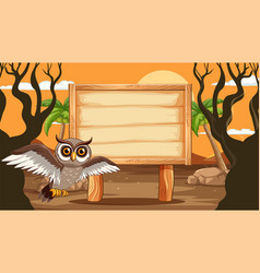 Cartoon Owl Next To A Wooden Sign In Forest