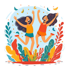 Two Joyful Animated Young Women Jumping Surrounded