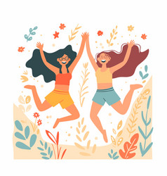 Two Young Women Jumping Joyfully Among Stylized