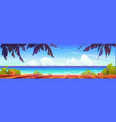 Tropical Beach View From Wooden Plank Table Top