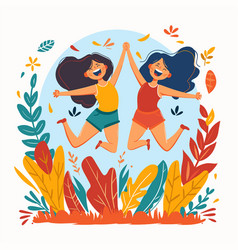 Two Young Women Jumping Joyfully Amongst Colorful