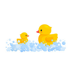 Rubber Duck Family In Soap Foam Isolated In White