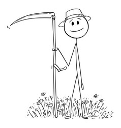 Farmer With Scythe Mowing Grass Cartoon Stick