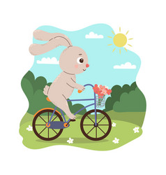 Cartoon Rabbit Biking In Nature In Flat Style