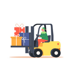 Cute Christmas Elf Driving Forklift With Pile