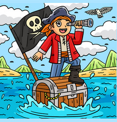 Pirate And Chest Floating Over Sea Colored Cartoon