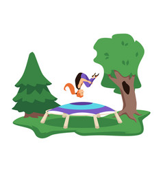 Happy Woman Bouncing On Trampoline In The Woods