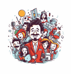 Cartoon Man In Red Suit With Group Of People