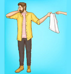 Shy Man Cover Eyes With Hand Giving Towel To Woman