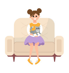 Girl Is Sitting On Couch And Petting Cat