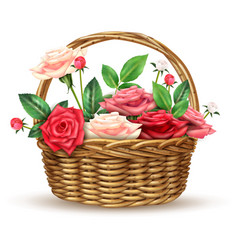 Roses Flowers Wicker Basket Realistic Image