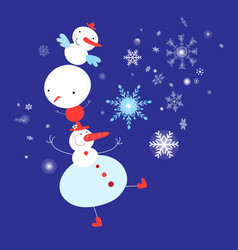 Christmas Card Dancing Snowmen On A Blue