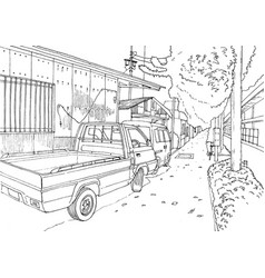 Truck On A Small Street In Tokyo Line Drawing Art