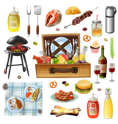 Family Picnic Barbecue Realistic Icons Set