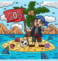 Pirate With Sos Flag Colored Cartoon