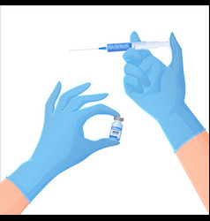 Hands In Blue Protective Gloves Holding A Vial