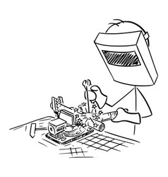 Welder Welding Iron Or Metal In Workshop Cartoon