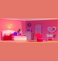 Girl Lying In Bedroom With Groovy Pink Interior