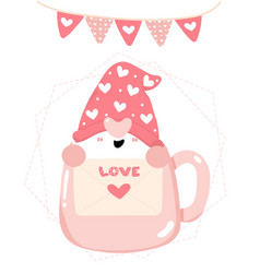 Happy Valentine Cute Gnome Head In Coffee Cup