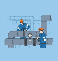 Workers In Uniform Inspect Pipes And Tubes