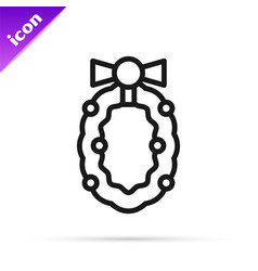 Black Line Christmas Wreath Icon Isolated On White