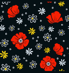 Red Poppy And White Yellow Daisy Seamless Pattern