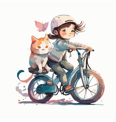 Kids Women Ride Bicycle With Cat