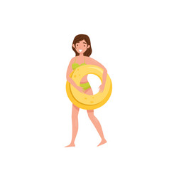 Smiling Girl Holding Yellow Inflatable Ring