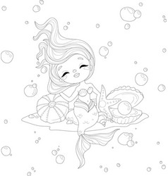 Cute Cartoon Mermaid Girl Under The Sea With Shell