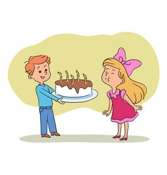 Boy Holding Cake And Girl Blowing Out Candles