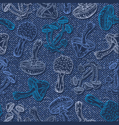 Seamless Blue Pattern With Outline Mushrooms