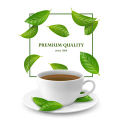 Realistic Falling Tea Leaves And Cup Of Herbal Tea