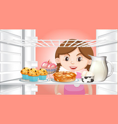 Girl Looking An Inside The Refrigerator With Food