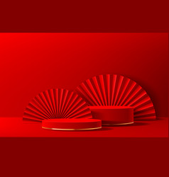 Red Chinese Podium Stage With Golden Rings And Fan