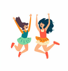 Two Young Women Jumping Joyfully Celebration