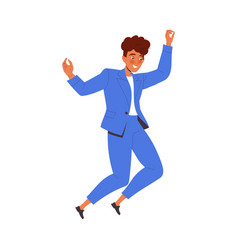 Cheerful Man Character In Blue Suit Jumping With