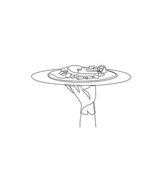 Single Continuous Line Drawing Waiter Holds Food