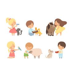 Set Of Cute Kids Feeding Baby Animals Little Boys