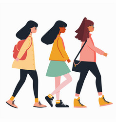 Three Young Women Walking Side Side Casual Attire