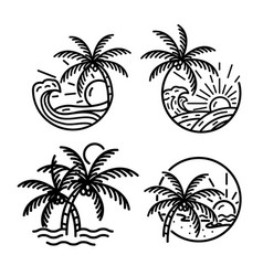 Set Ocean Wave Tropical Island And Palm Tree Logo