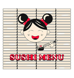 Cute Girl Eating Sushi Bamboo Mat