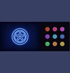 Outline Neon Car Wheel Icon Set Glowing